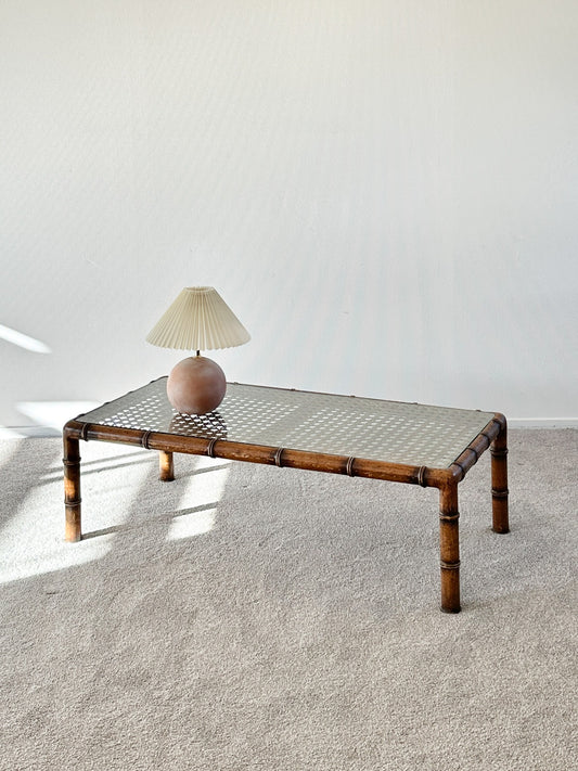Vintage French Carved Wood and Rattan Coffee Table