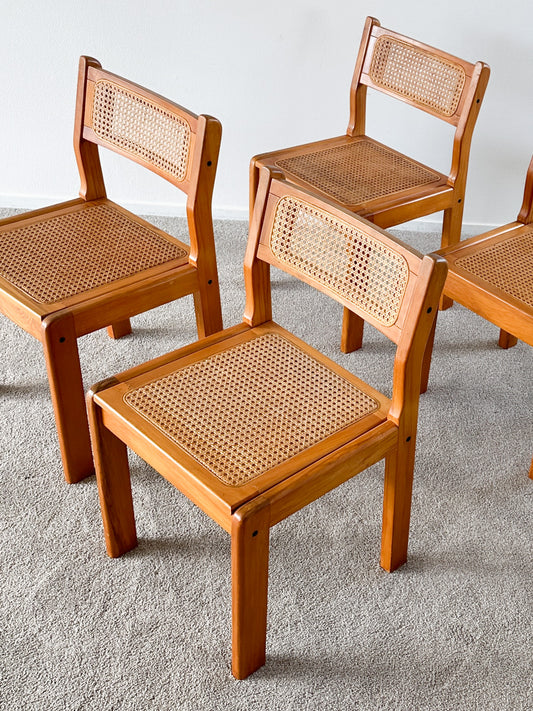 Set of 4 Wood and Rattan Dining Chairs // 1980s