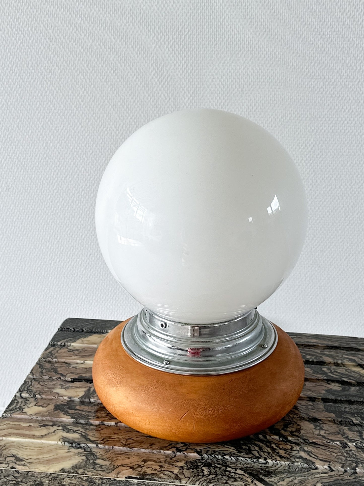 Art Deco Globe Table Lamp with Chrome and Wooden Base