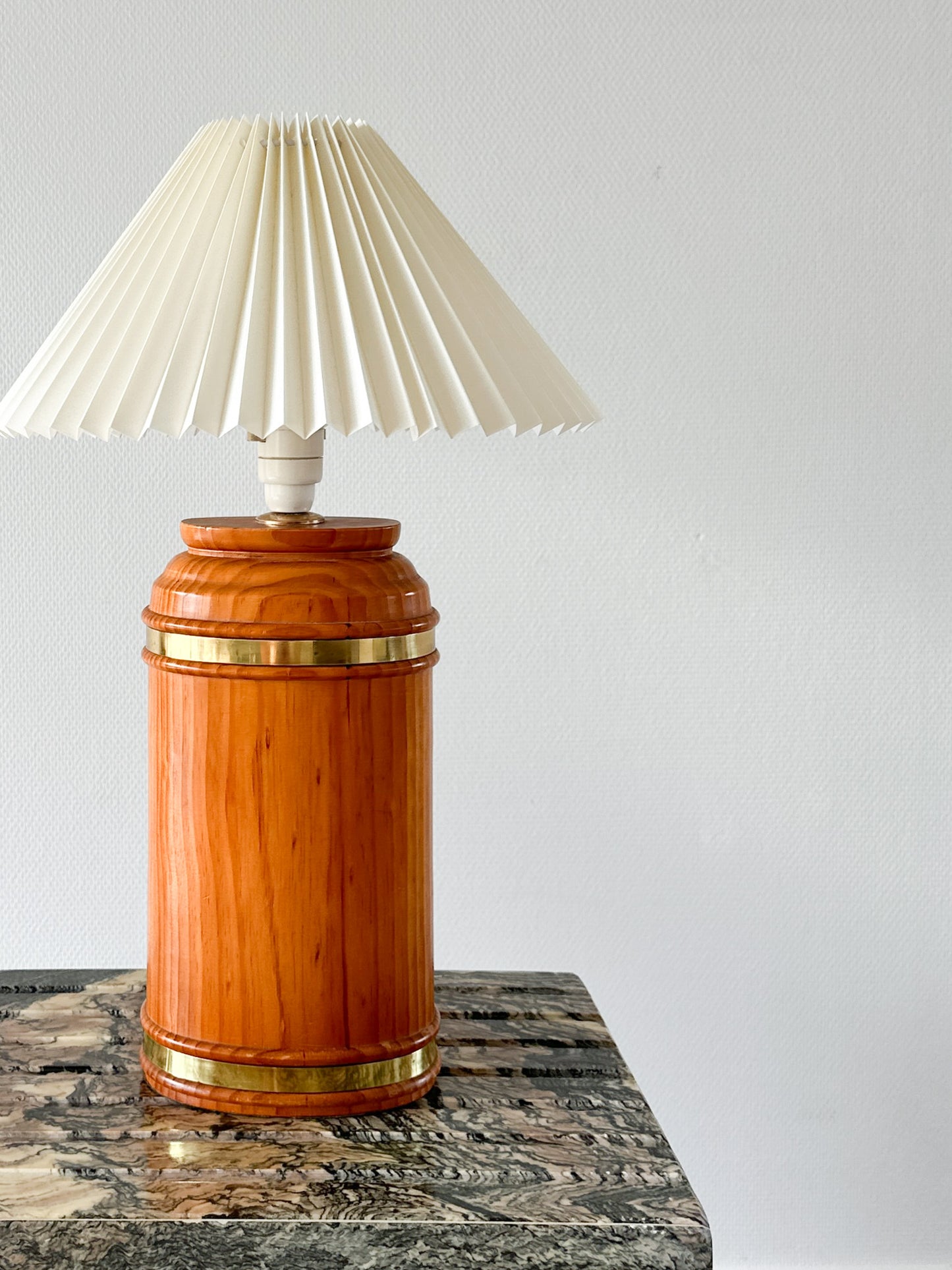 MCM Wood and Brass Lamp with New Pleated Shade