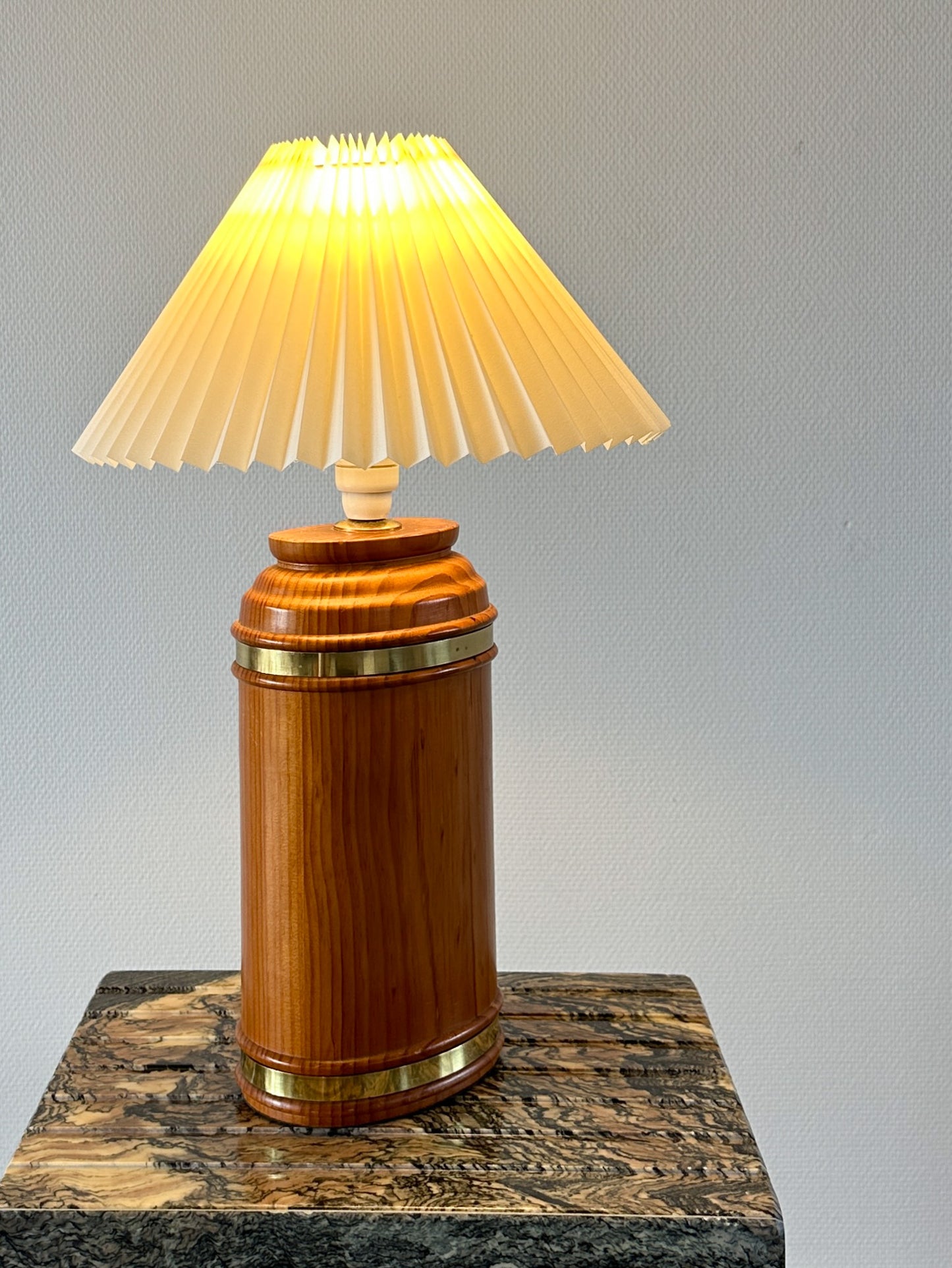 MCM Wood and Brass Lamp with New Pleated Shade